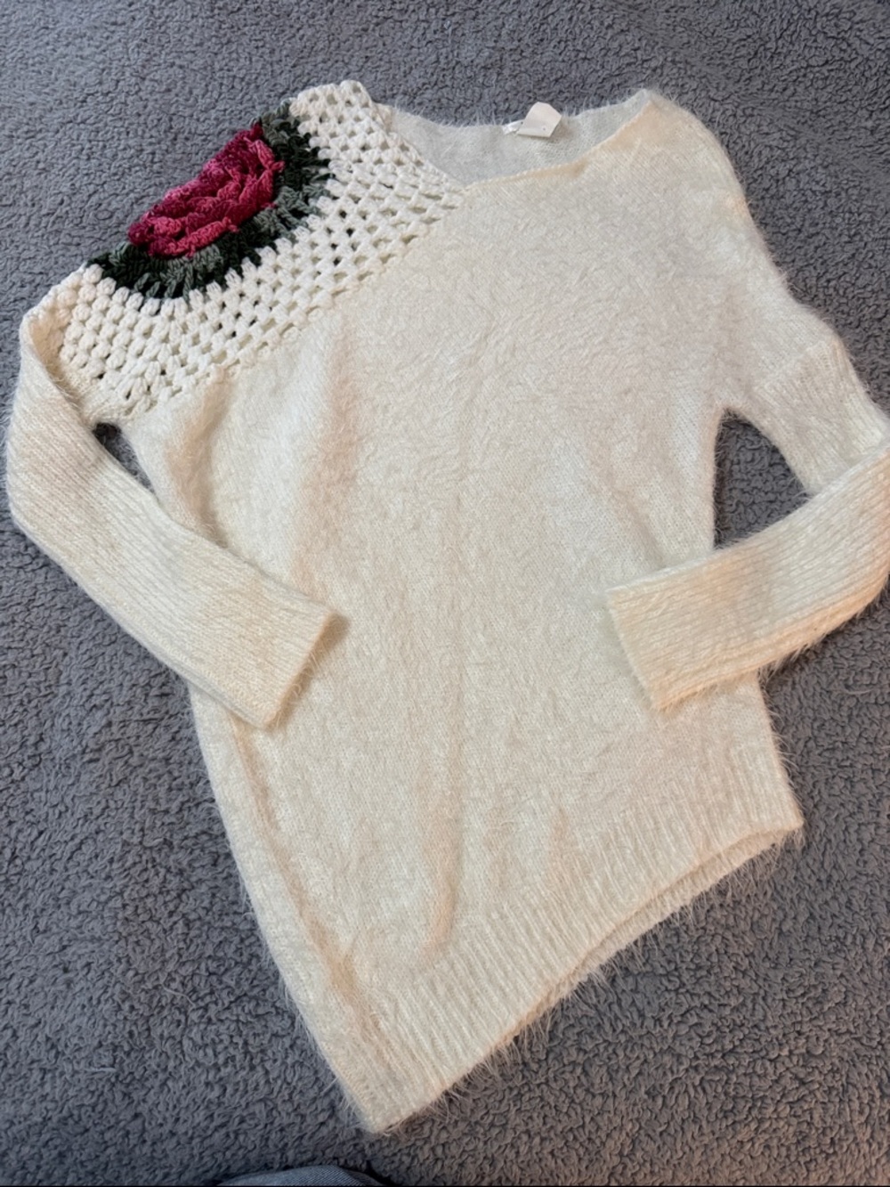 Esley Cream Crewneck Sweater with Pink Crochet Accent